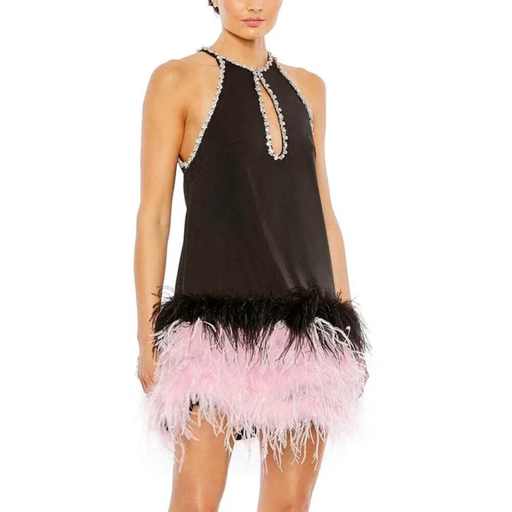 Mac Duggal 11437 Black Beaded Feather Finishes Mini Dress NWT Size 0